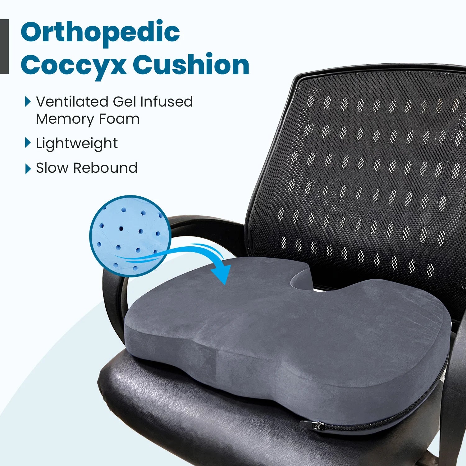 Orthopedic Memory Foam U-Shaped Coccyx Seat Cushion with Ventilated Cooling Gel for Tailbone, Sciatica & Back Pain Relief