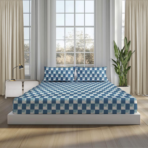 Window Maze in Teal-Blue, 100% Cotton Double Bedsheet, 180 TC with 2 Pillow Cover