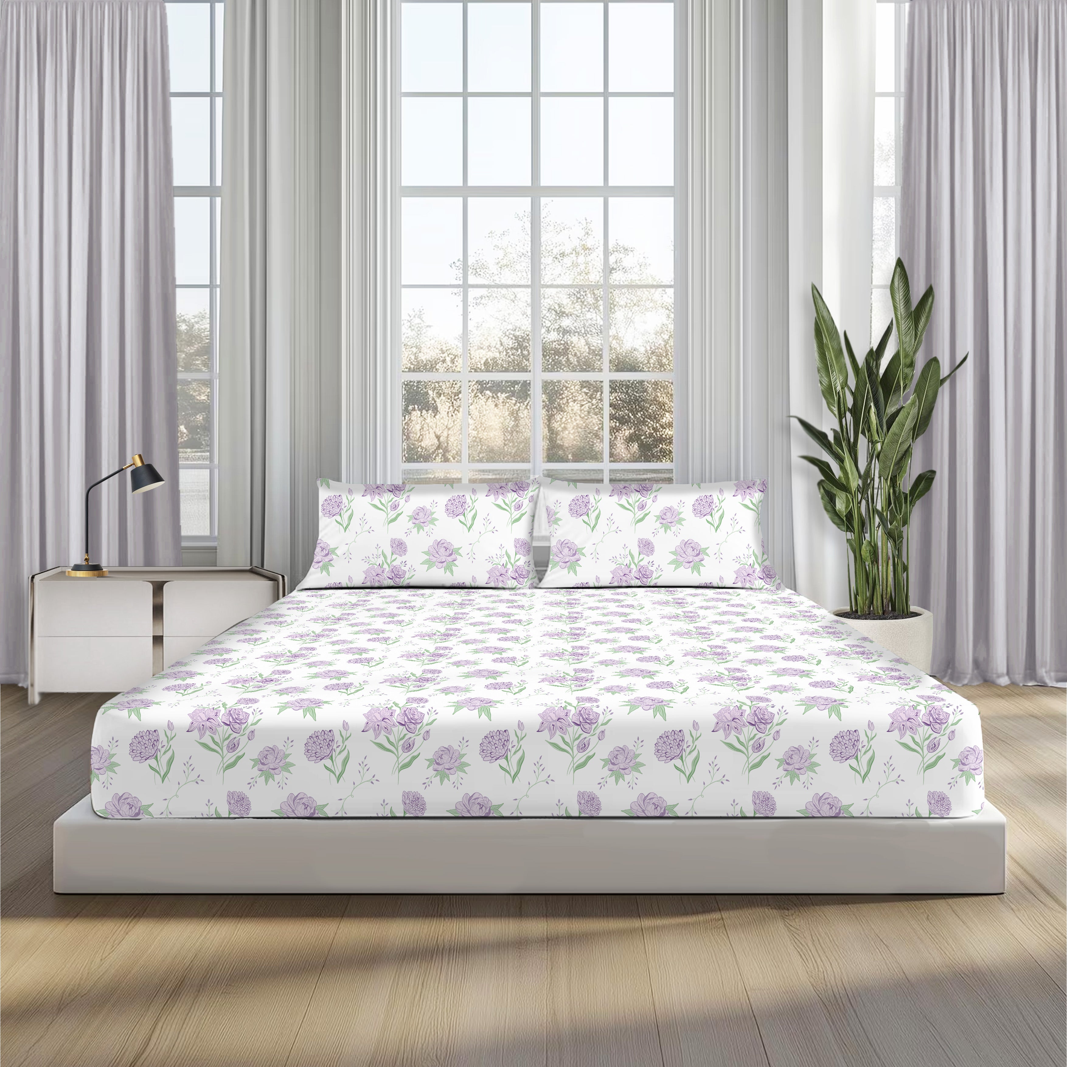 Lavender Primerose, 100% Cotton Double Bedsheet, 180 TC with 2 Pillow Cover