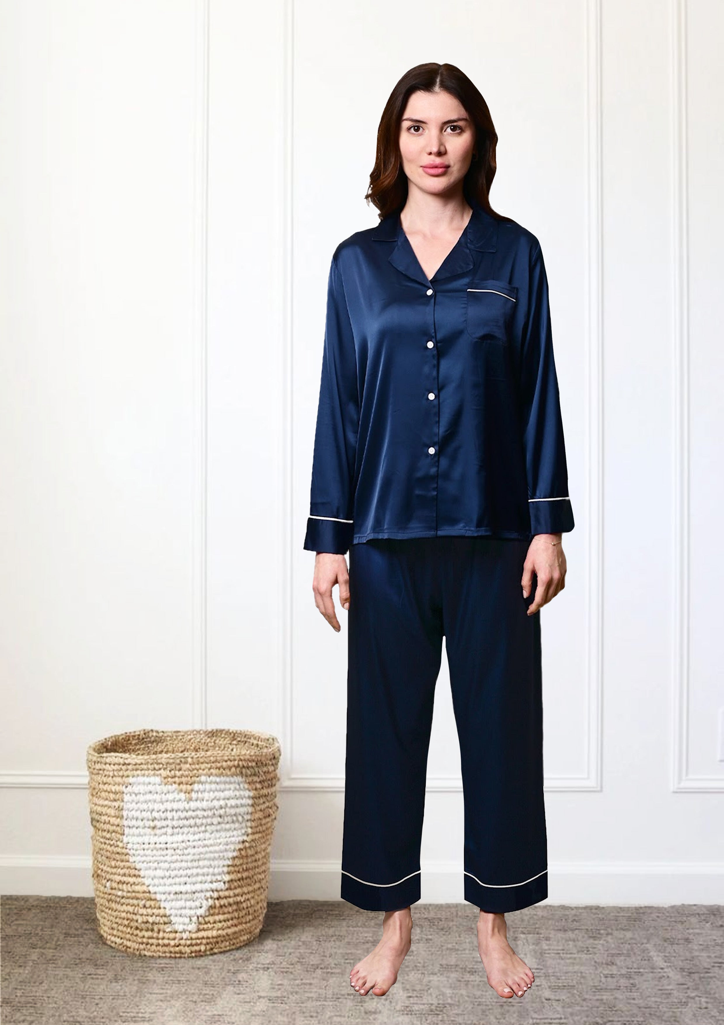 Navy Satin Full Sleeve Shirt & Pyjama Set