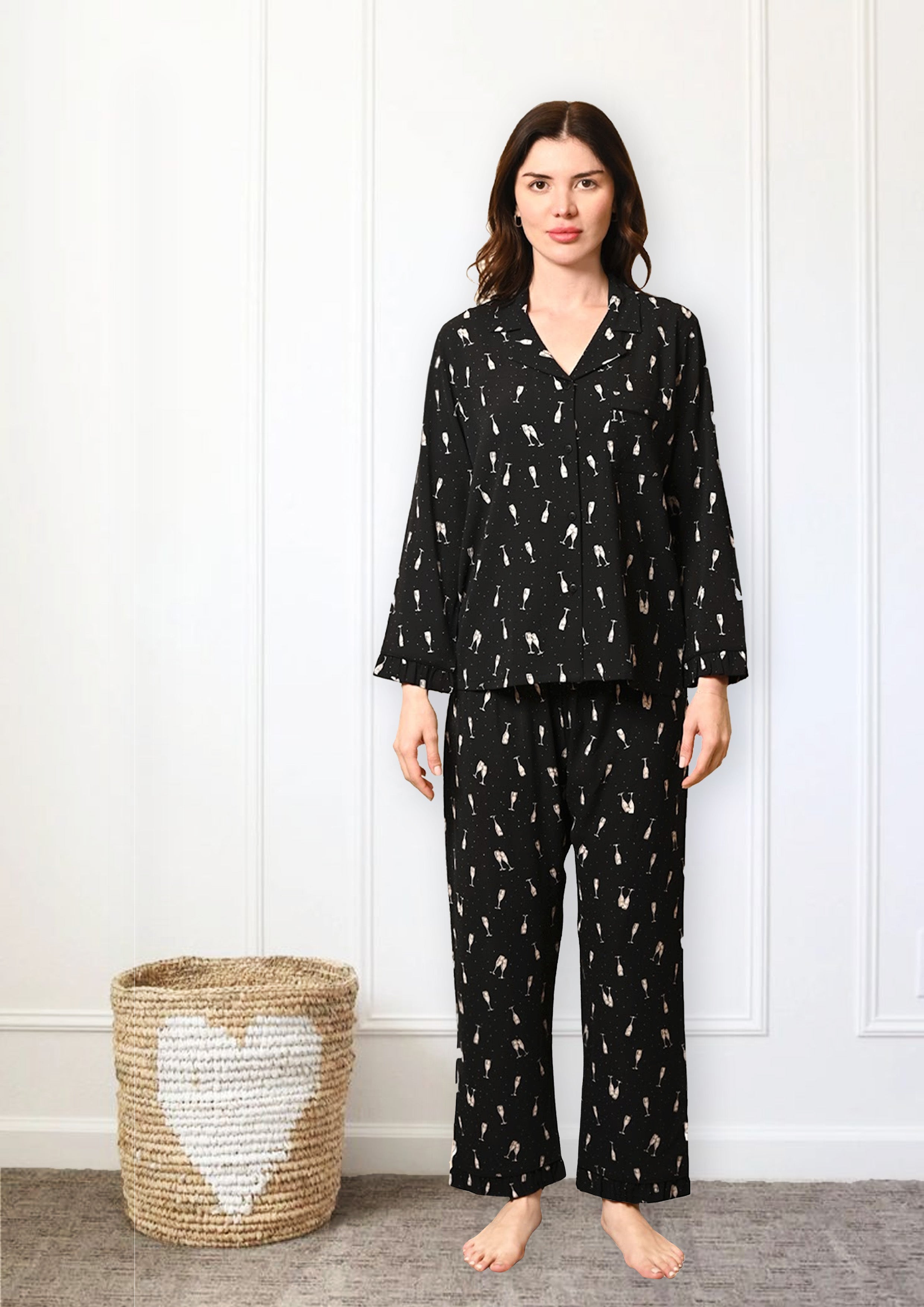 Women's Black Champagne, Full Sleeves Ruffle Shirt & Pyjama Night Set