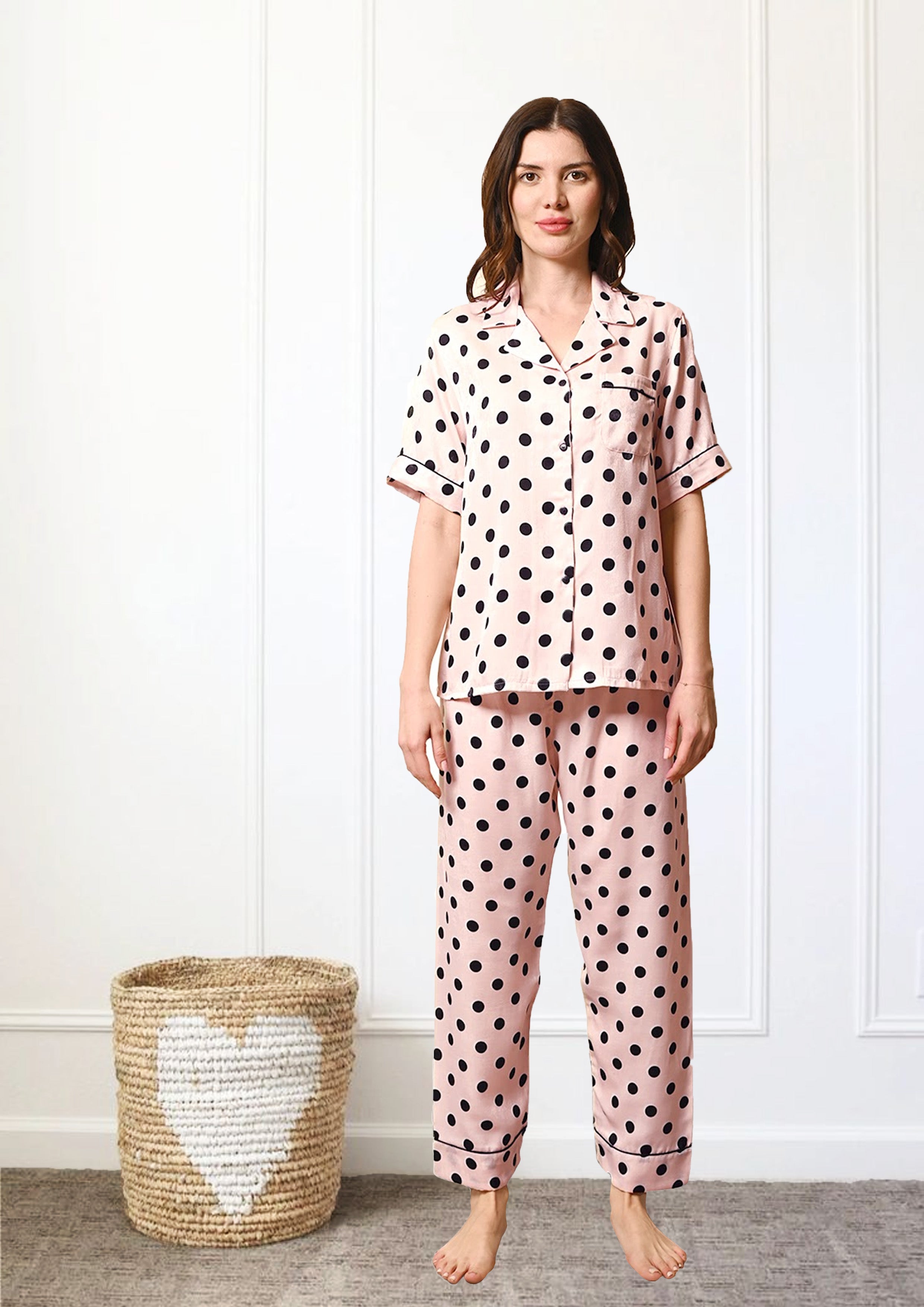 Women's Blush Pink Polka Dot Satin, Half Sleeves Shirt & Pyjama Night Set