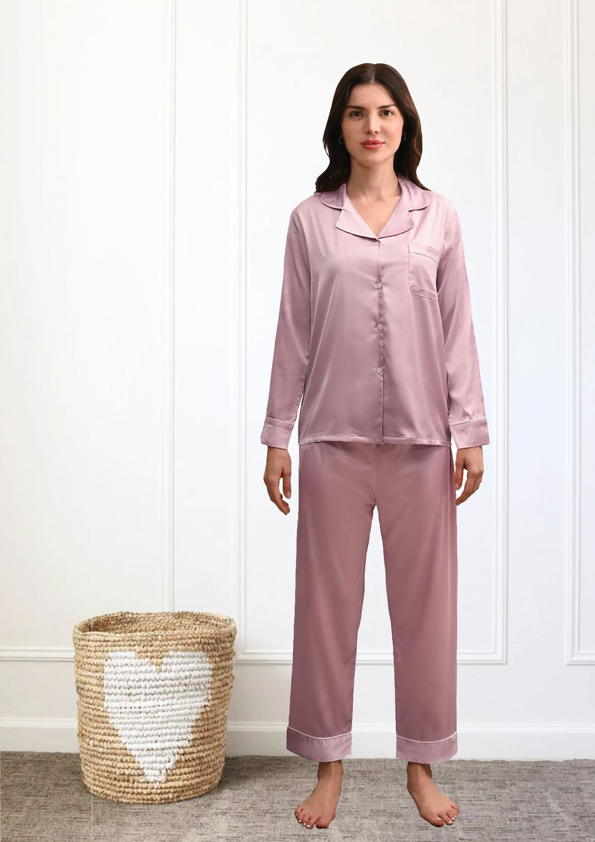 Women's Ballerina Pink Satin, Full Sleeves Shirt & Pyjama Night Set