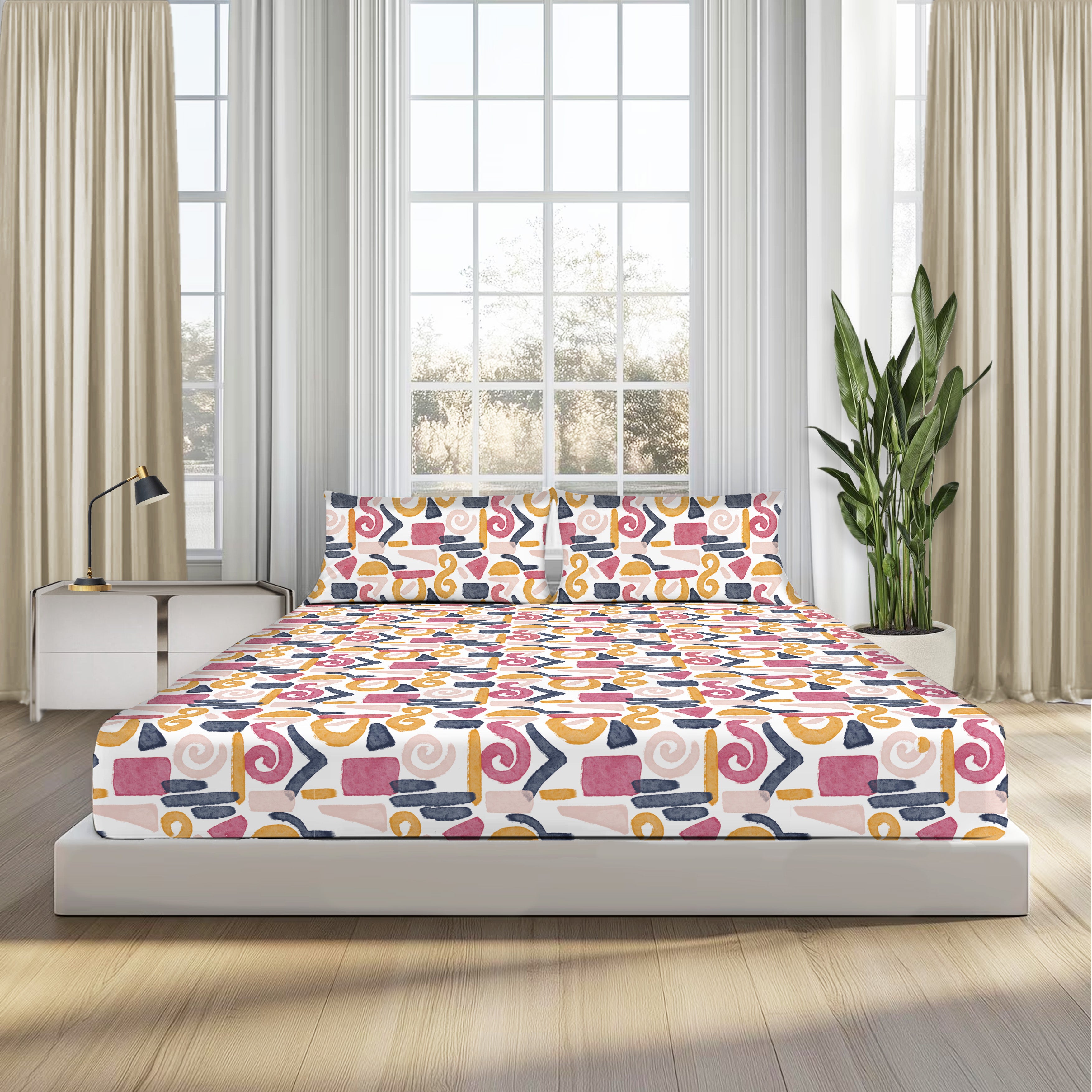 Vibrant Abstract Art, 100% Cotton Double Bedsheet, 180 TC with 2 Pillow Cover