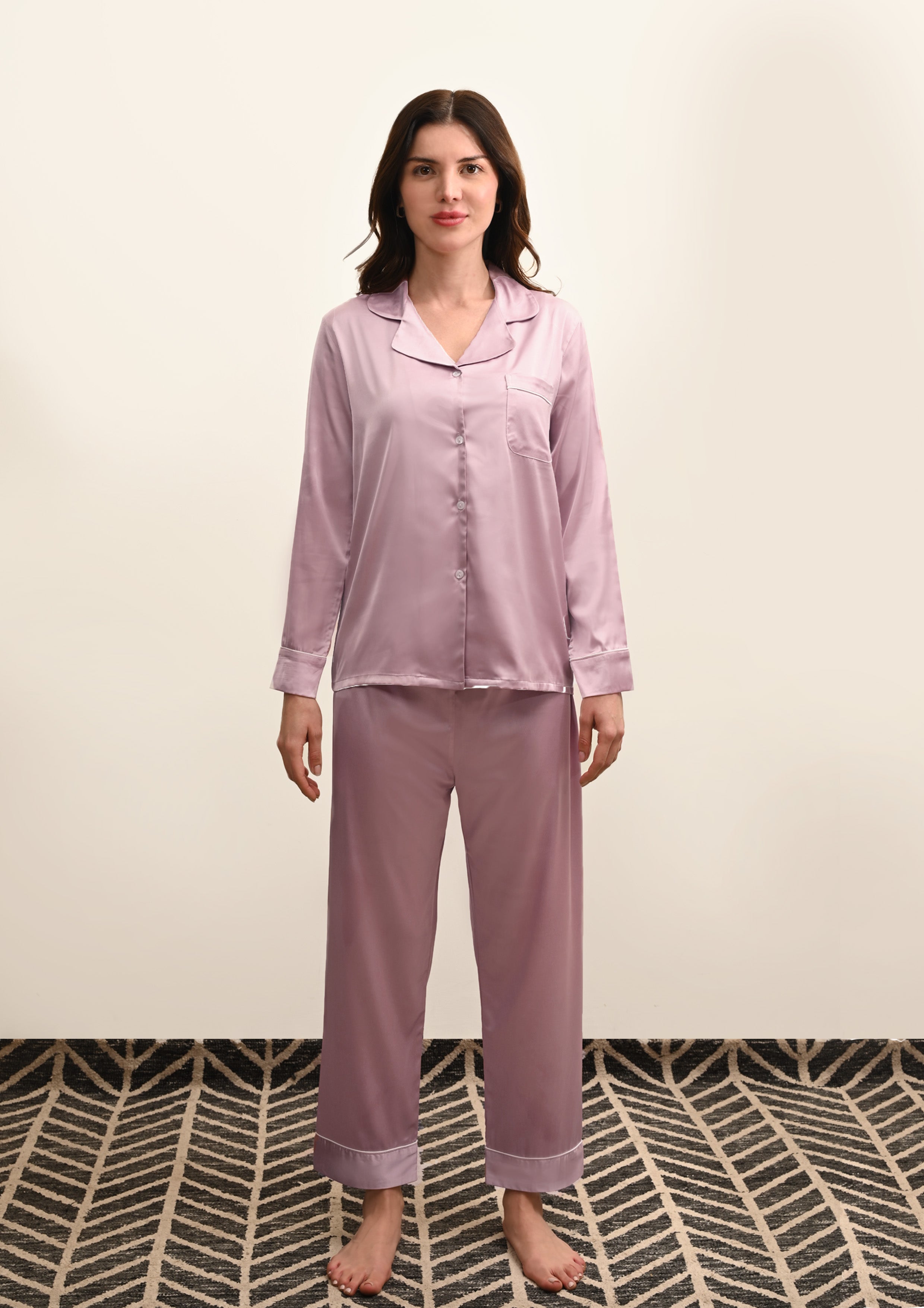 Women's Ballerina Pink Satin, Full Sleeves Shirt & Pyjama Night Set