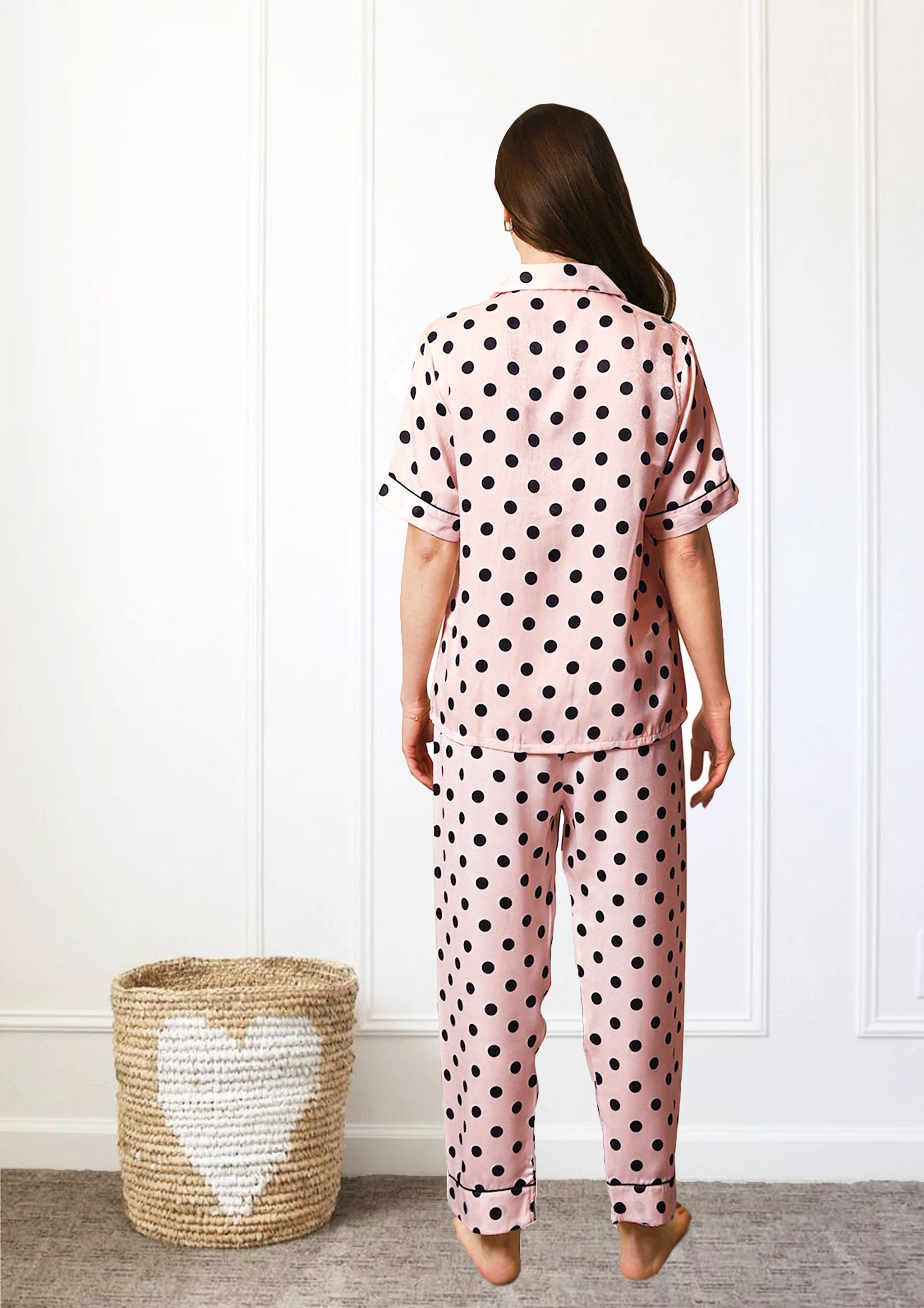 Women's Blush Pink Polka Dot Satin, Half Sleeves Shirt & Pyjama Night Set