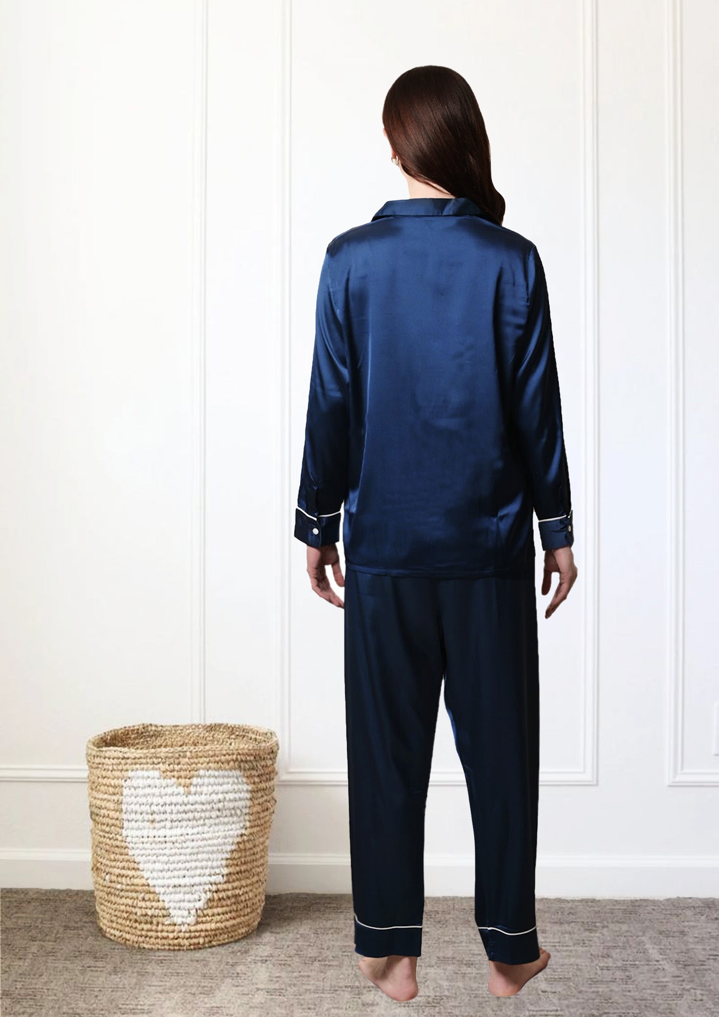 Navy Satin Full Sleeve Shirt & Pyjama Set