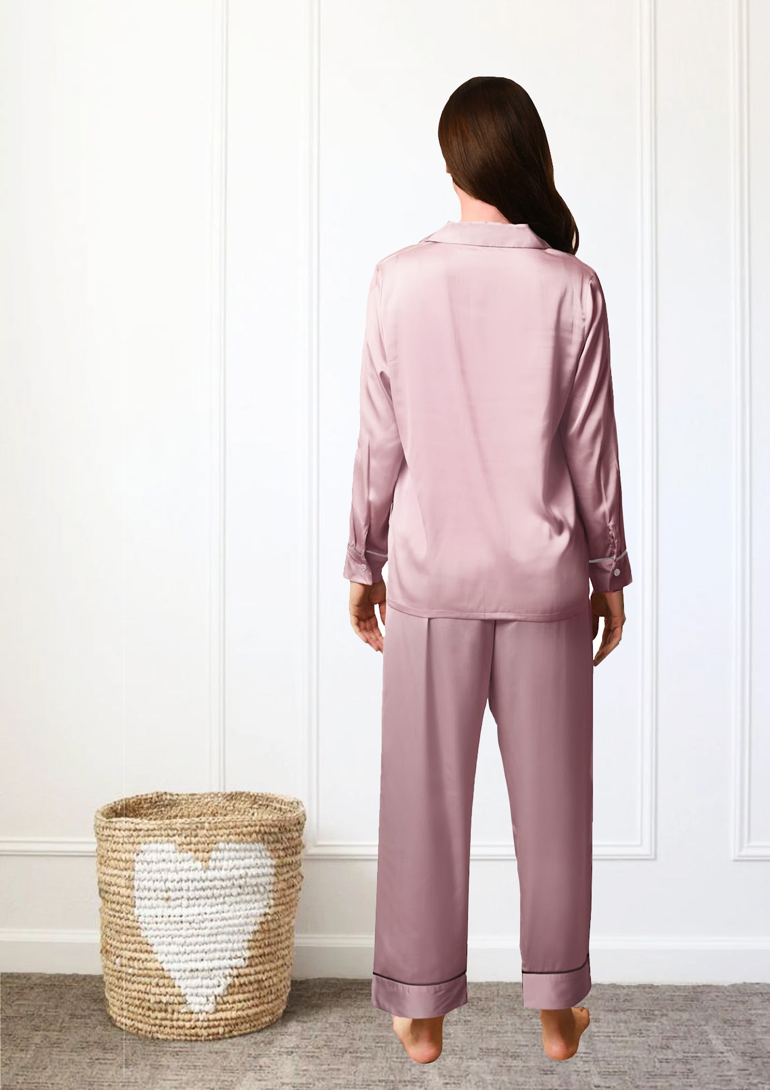 Women's Ballerina Pink Satin, Full Sleeves Shirt & Pyjama Night Set