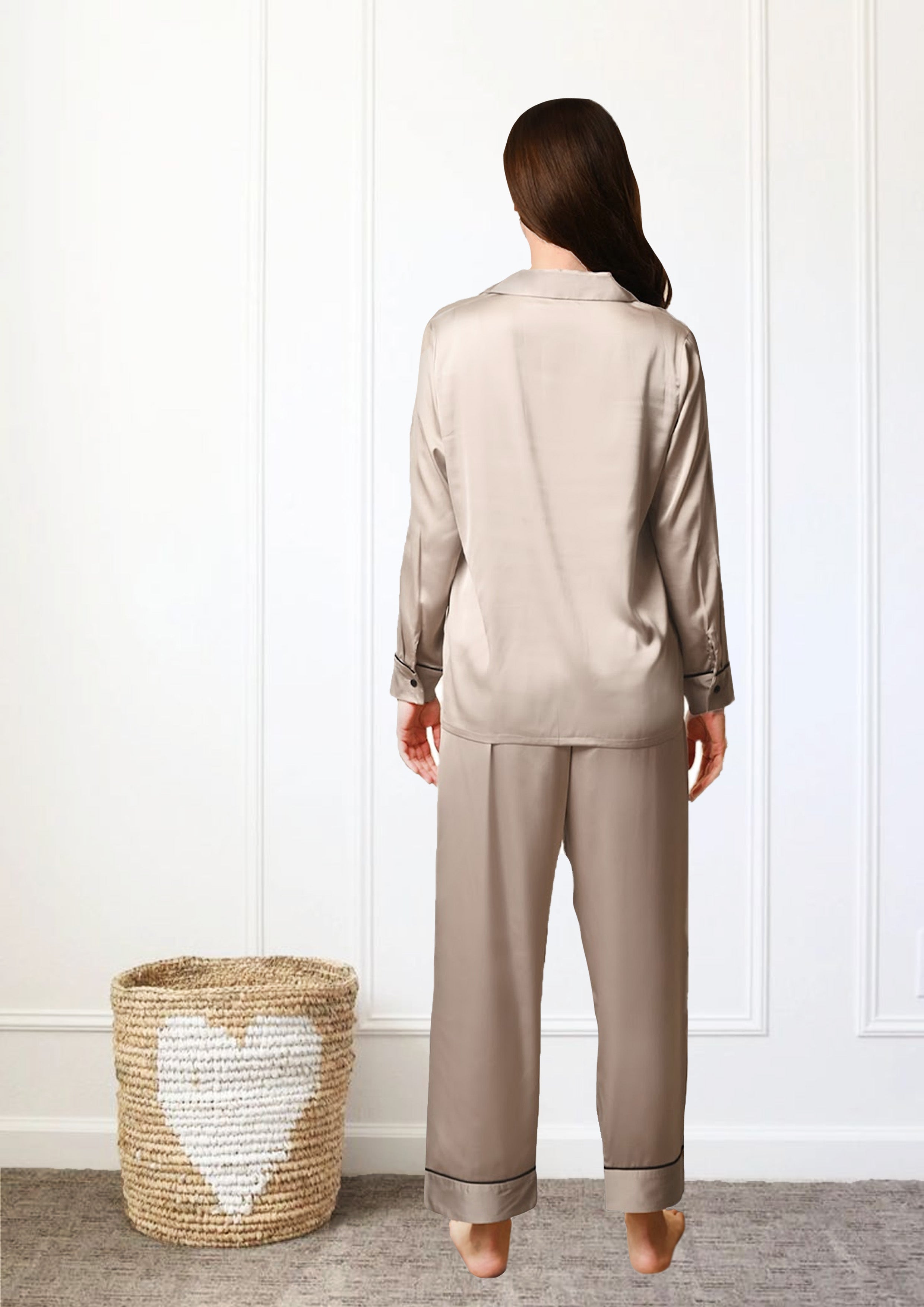 Women's Sand Beige Satin, Full Sleeves Shirt & Pyjama Night Set