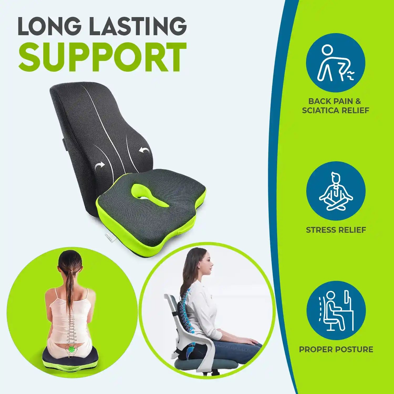 Orthopedic Memory Foam Lumbar Support Backrest Cushion & Coccyx Seat Cushion (Combo) | For Sciatica, Tailbone & Back Pain Relief