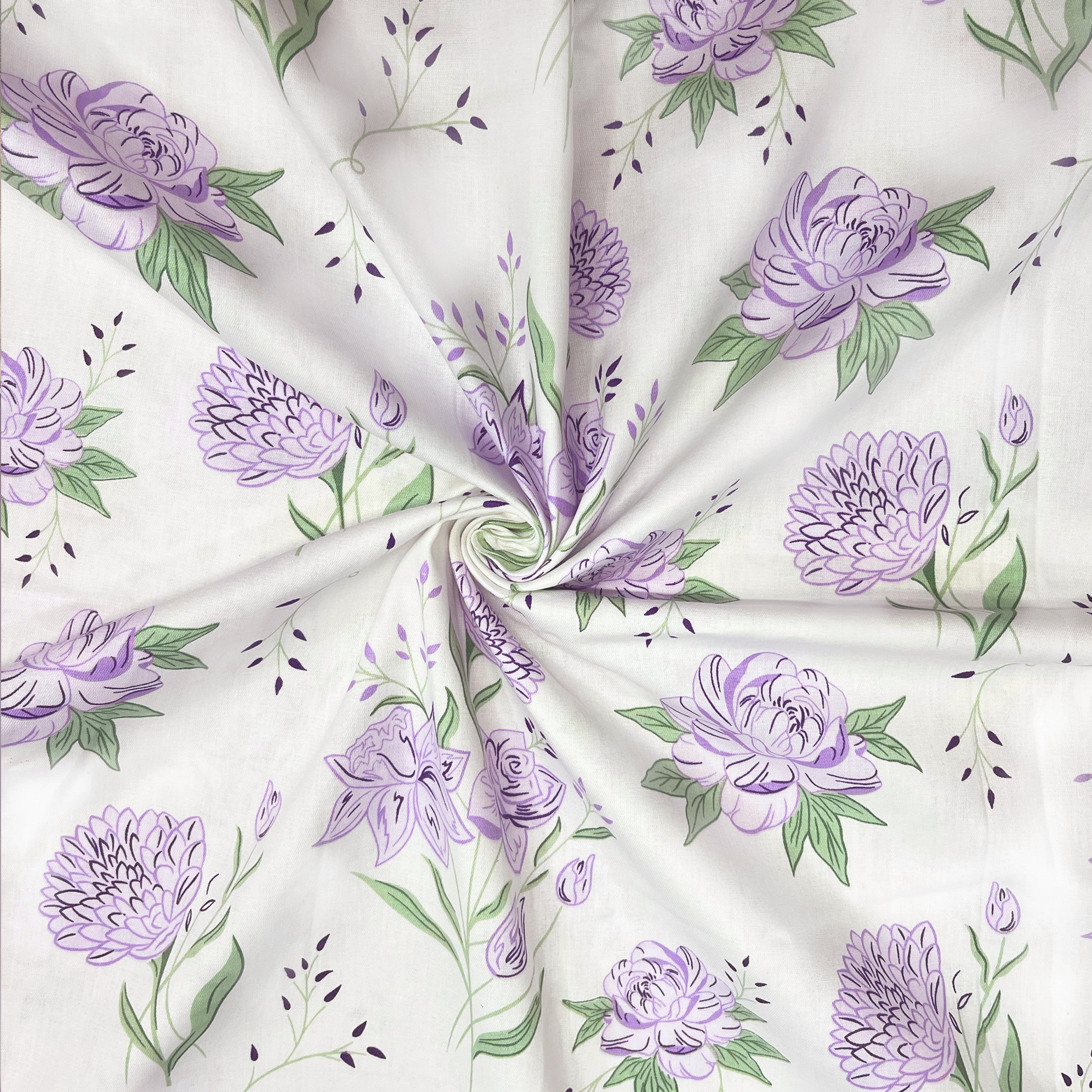 Lavender Primerose, 100% Cotton Double Bedsheet, 180 TC with 2 Pillow Cover