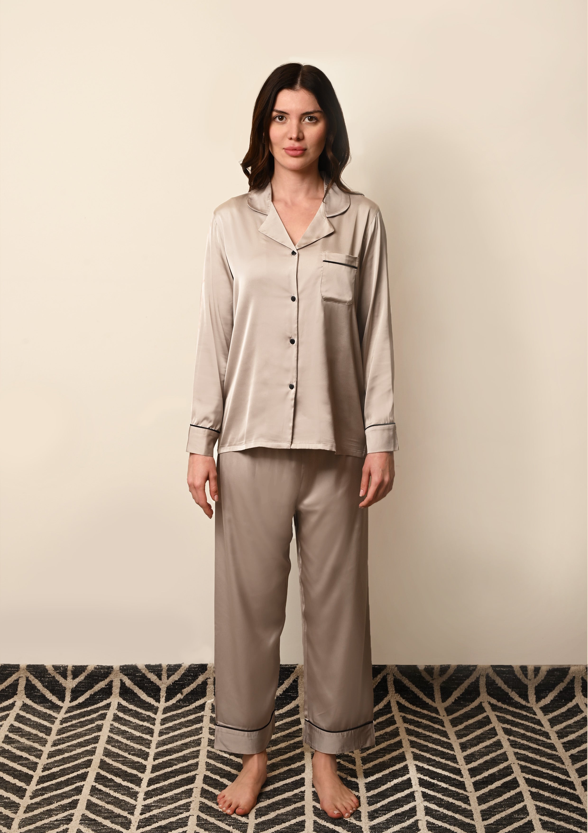 Women's Sand Beige Satin, Full Sleeves Shirt & Pyjama Night Set