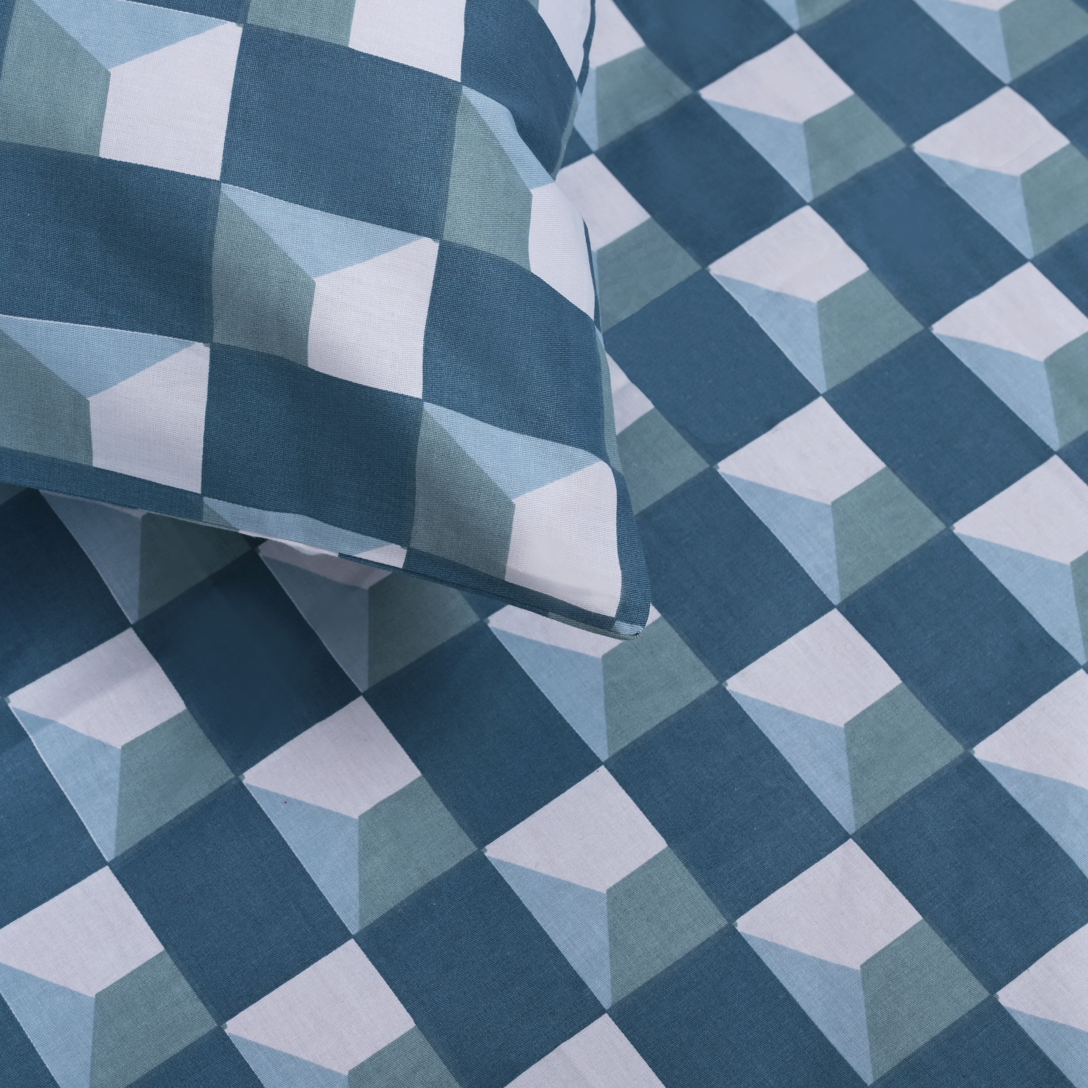 Window Maze in Teal-Blue, 100% Cotton Double Bedsheet, 180 TC with 2 Pillow Cover