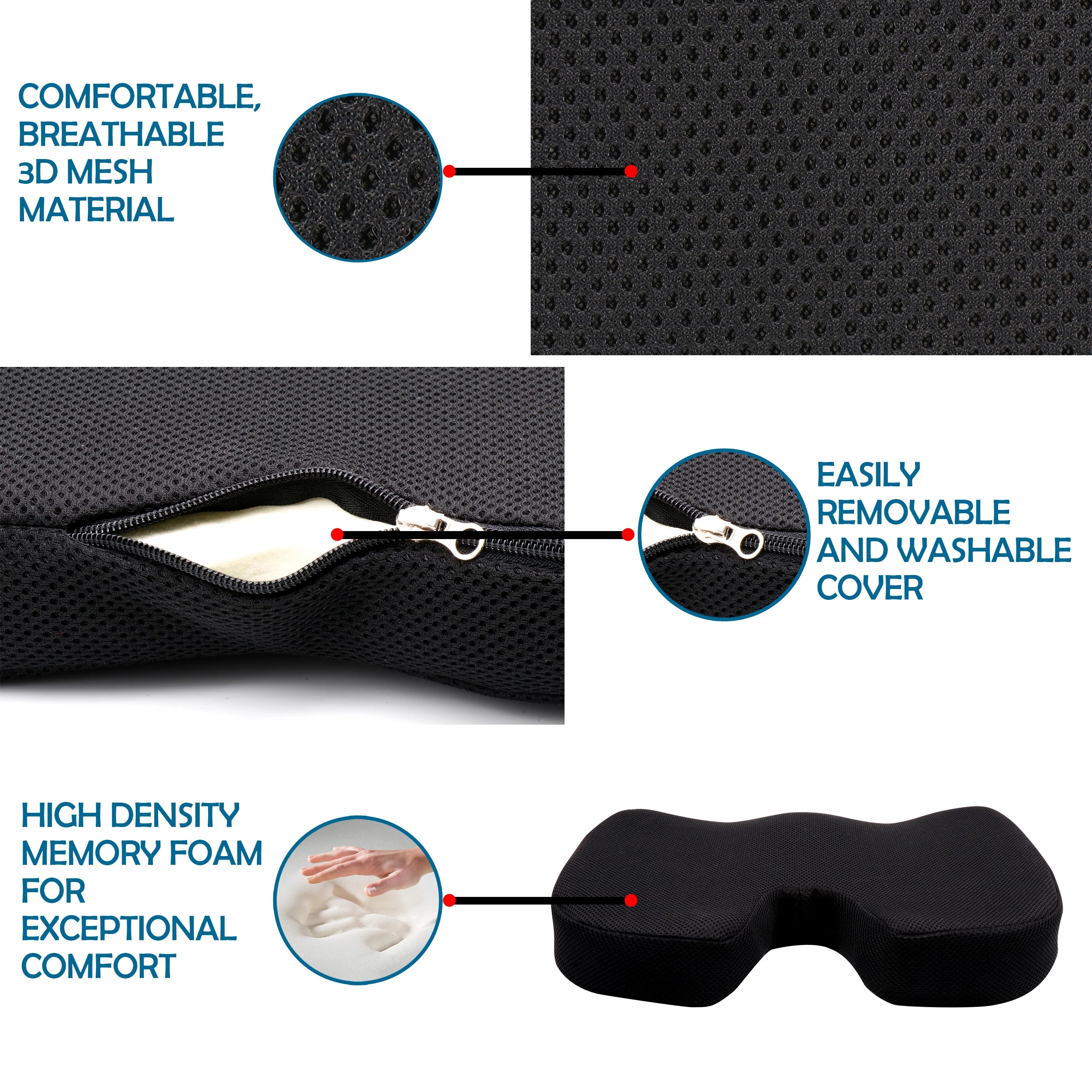 Orthopedic Memory Foam U-Shaped Coccyx Seat Cushion for Tailbone, Sciatica & Back Pain Relief - Mesh Black