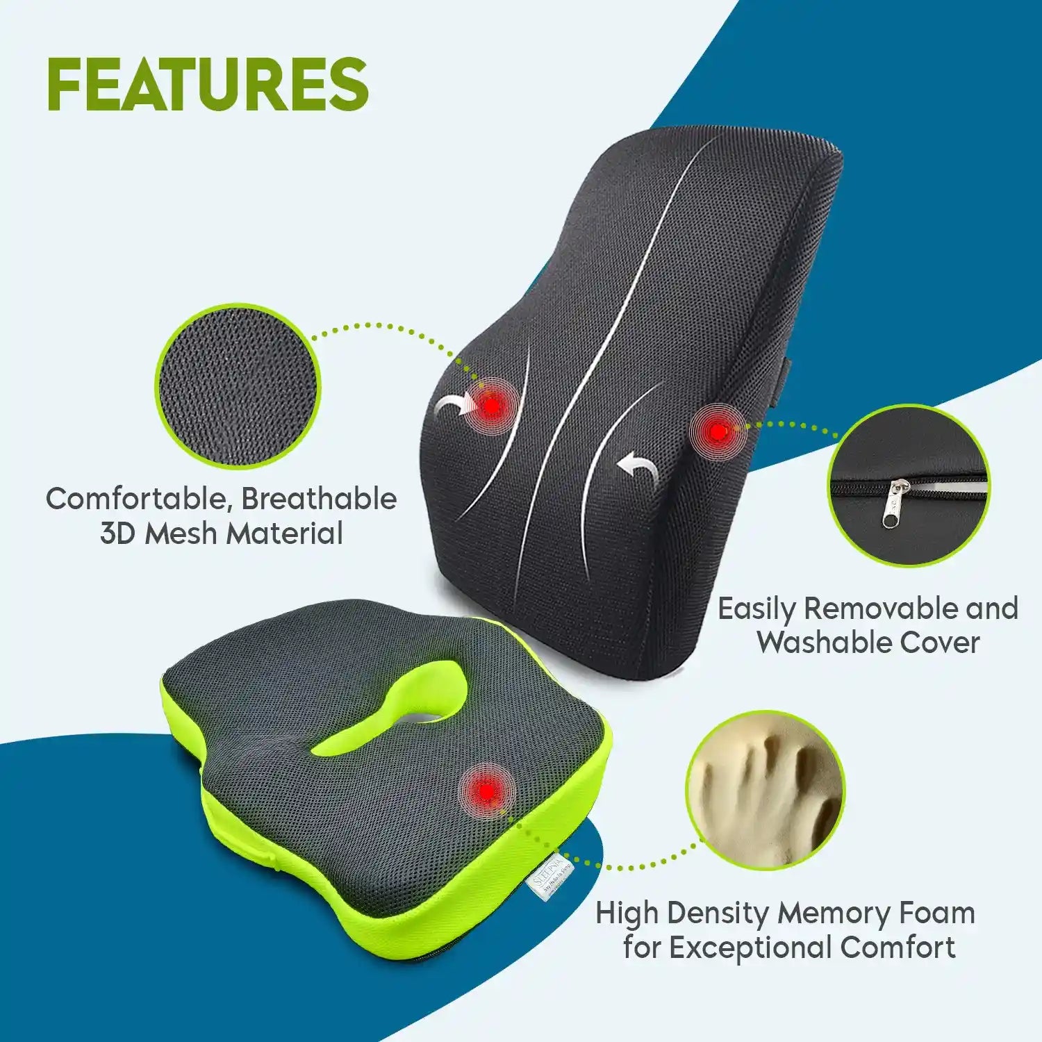 Orthopedic Memory Foam Lumbar Support Backrest Cushion & Coccyx Seat Cushion (Combo) | For Sciatica, Tailbone & Back Pain Relief