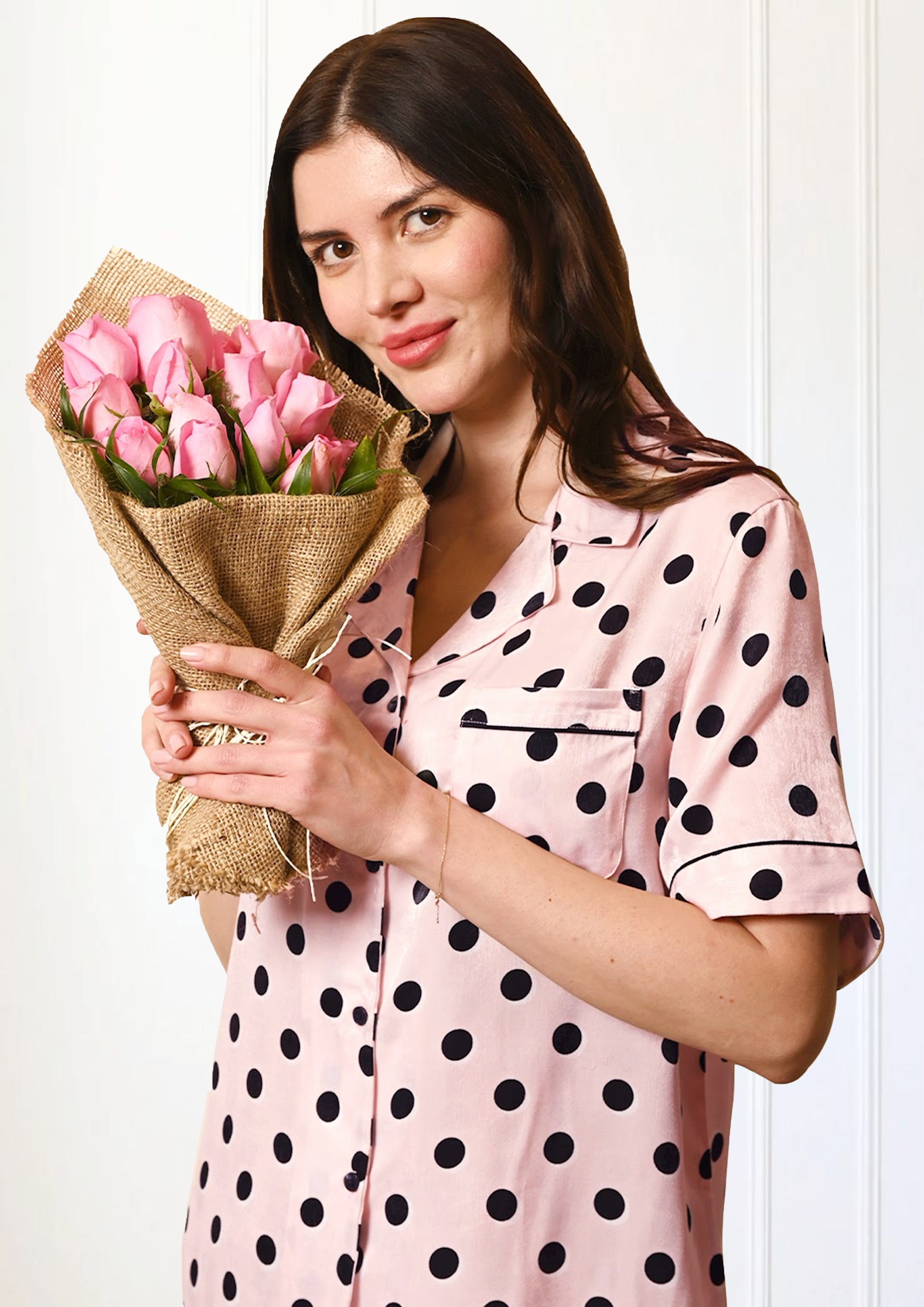 Women's Blush Pink Polka Dot Satin, Half Sleeves Shirt & Pyjama Night Set