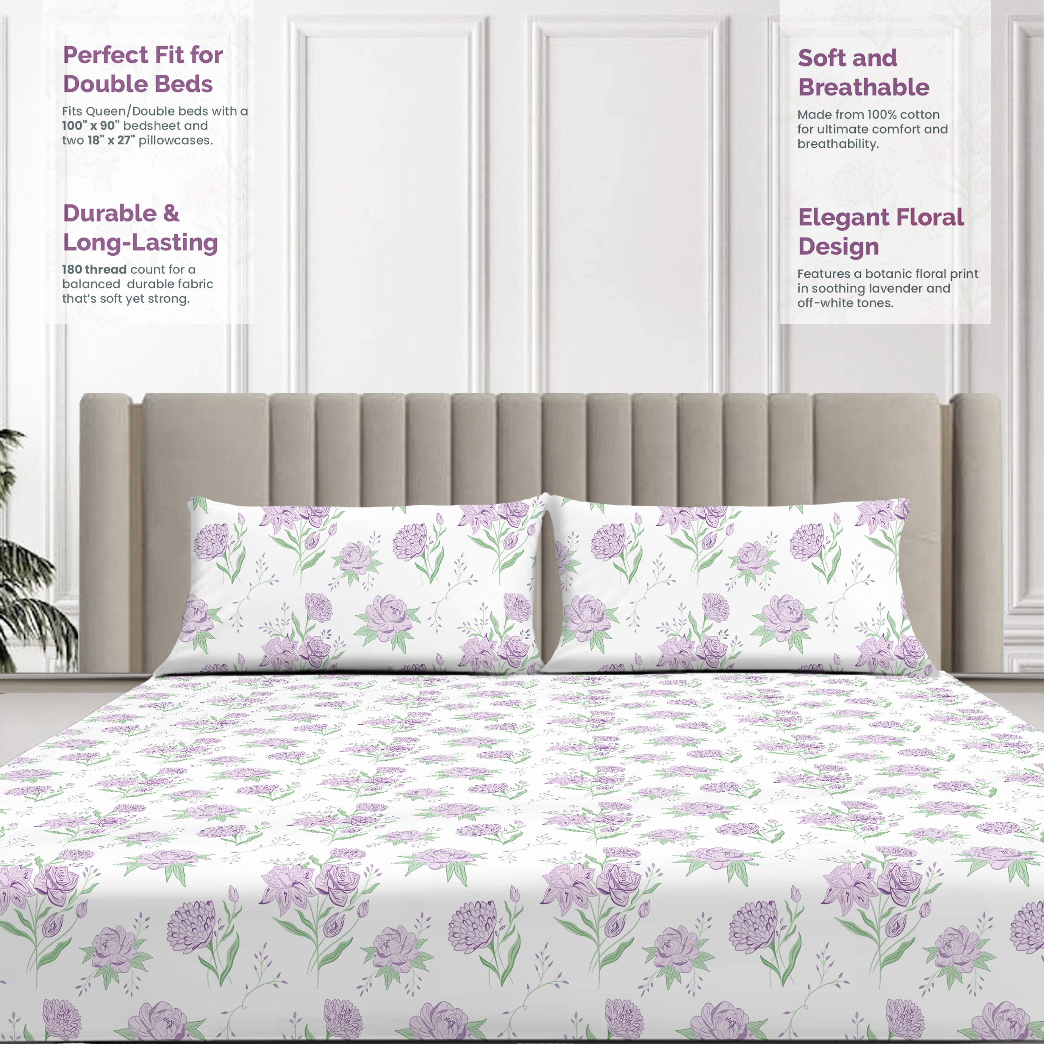 Lavender Primerose, 100% Cotton Double Bedsheet, 180 TC with 2 Pillow Cover