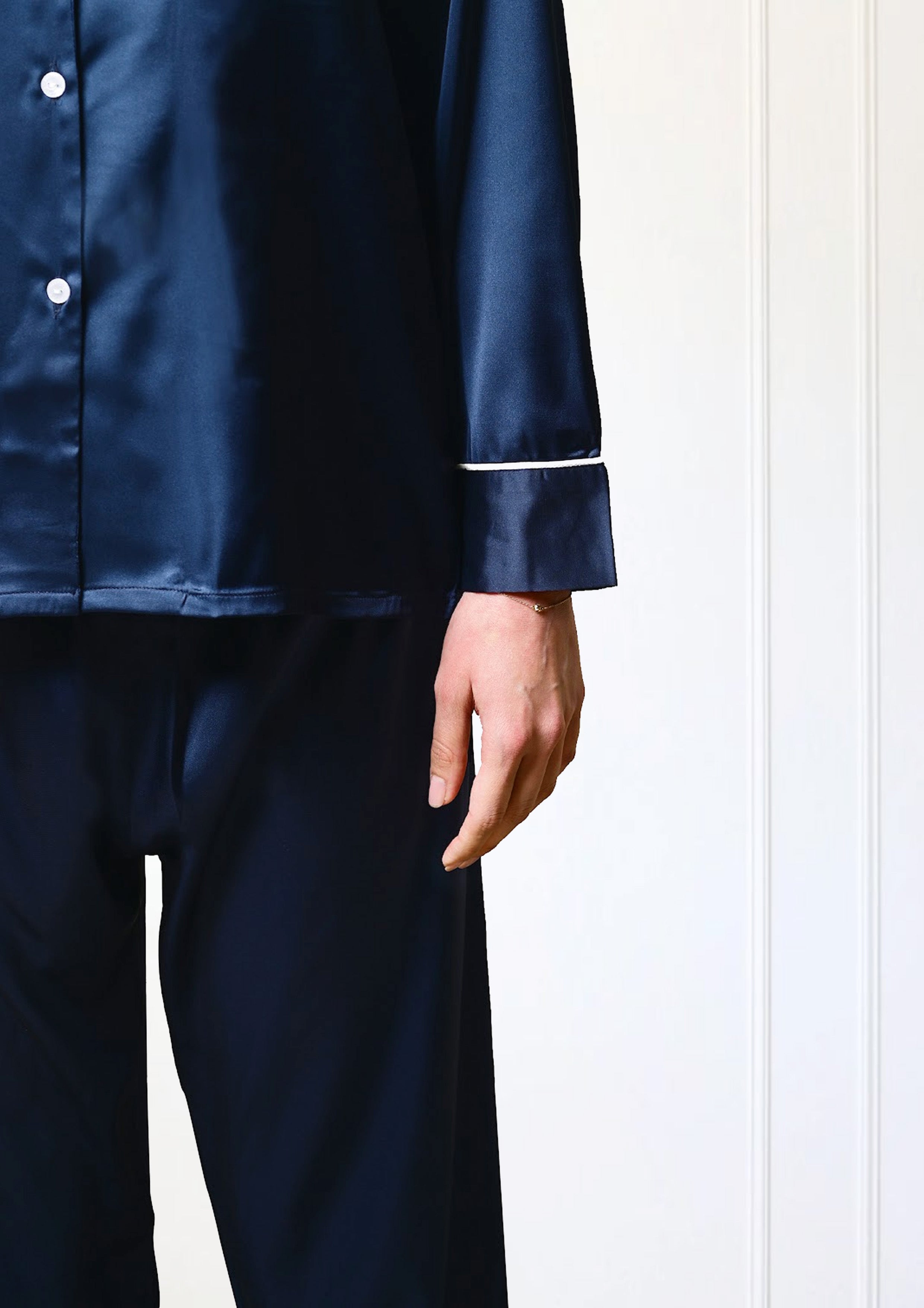 Navy Satin Full Sleeve Shirt & Pyjama Set