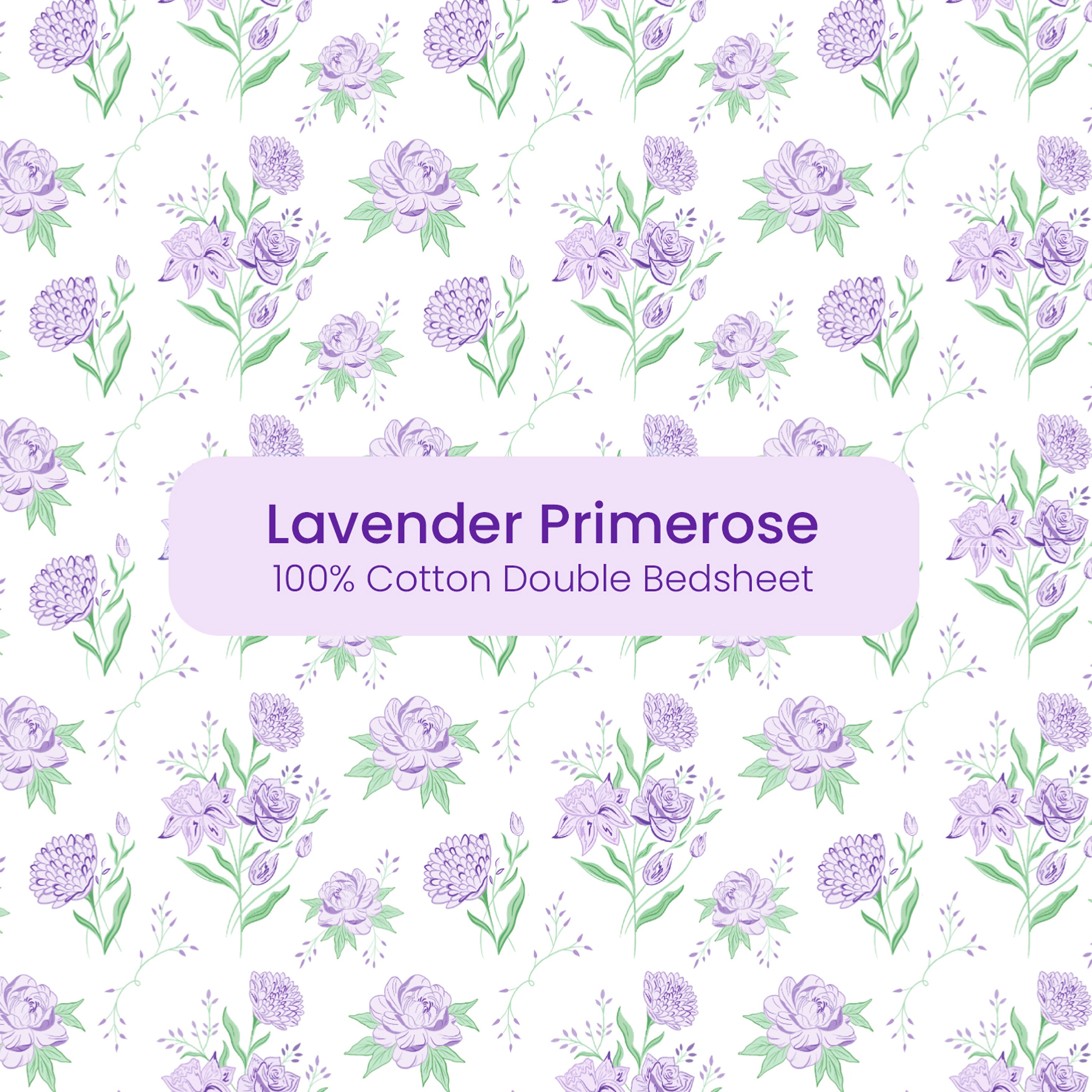 Lavender Primerose, 100% Cotton Double Bedsheet, 180 TC with 2 Pillow Cover