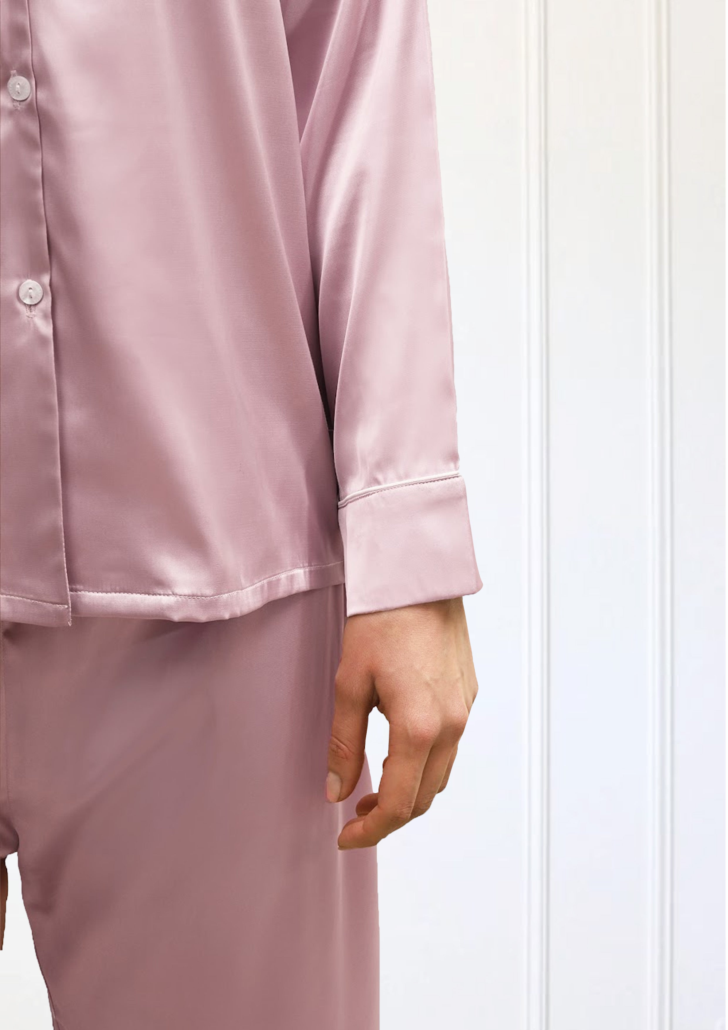 Women's Ballerina Pink Satin, Full Sleeves Shirt & Pyjama Night Set