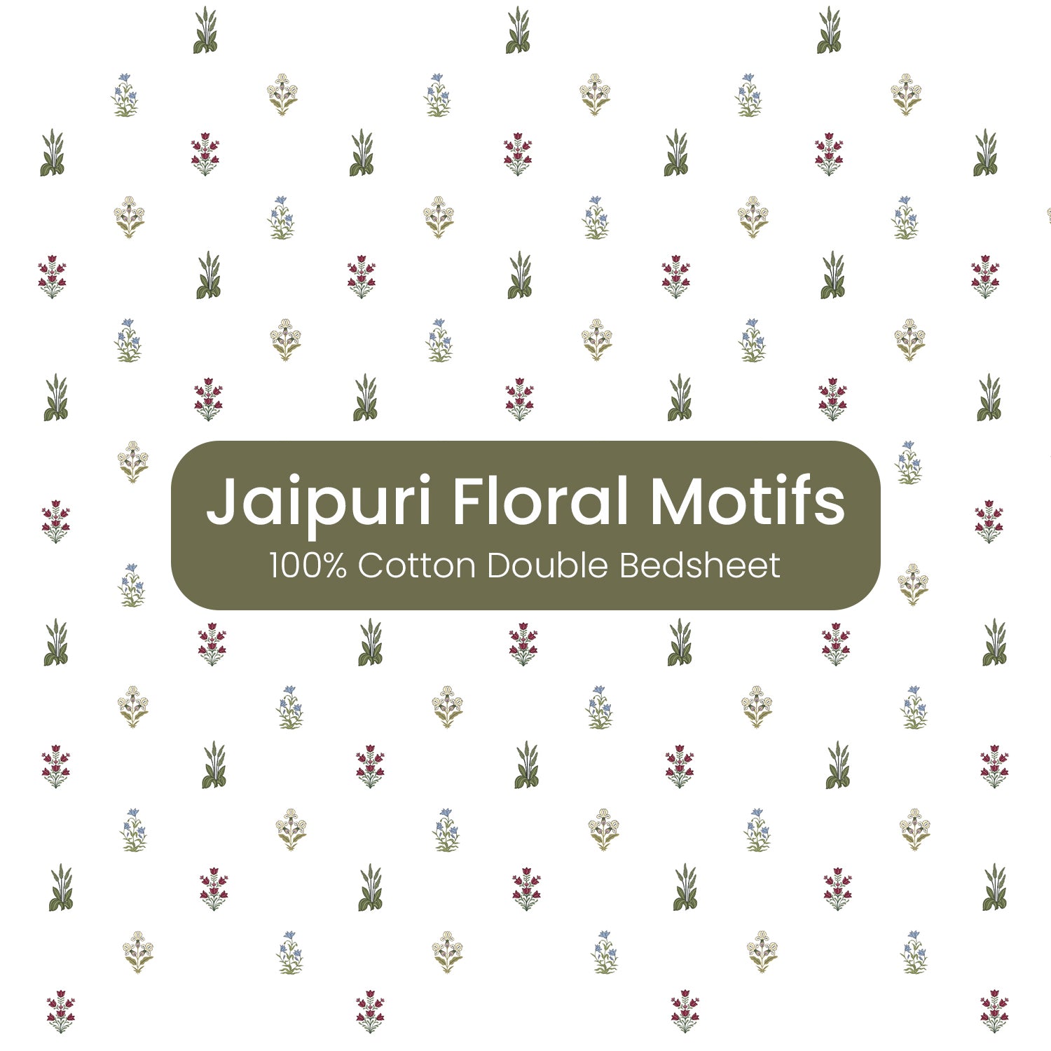 Jaipuri Floral Motifs, 100% Cotton Double Bedsheet, 180 TC with 2 Pillow Cover