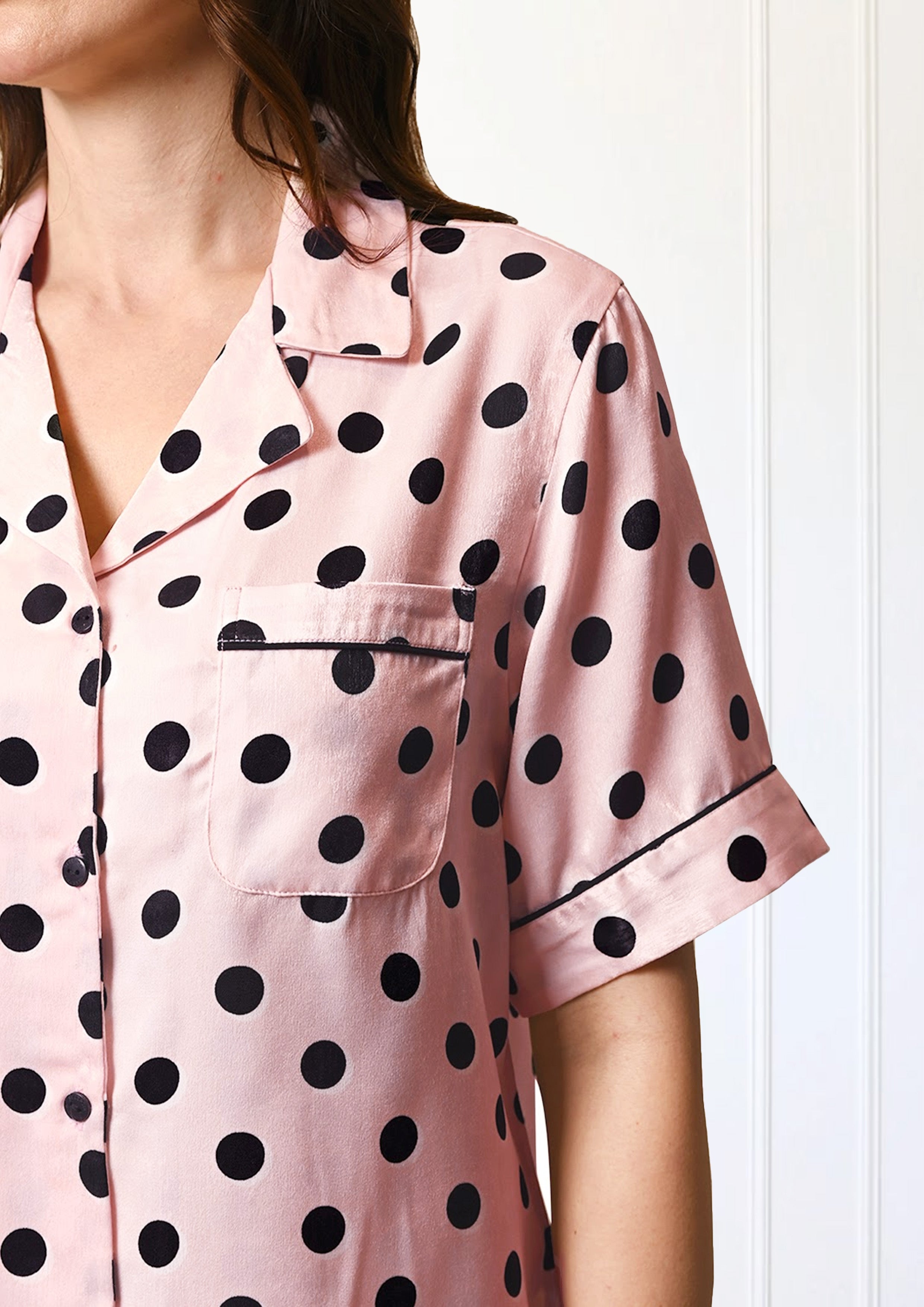 Women's Blush Pink Polka Dot Satin, Half Sleeves Shirt & Pyjama Night Set