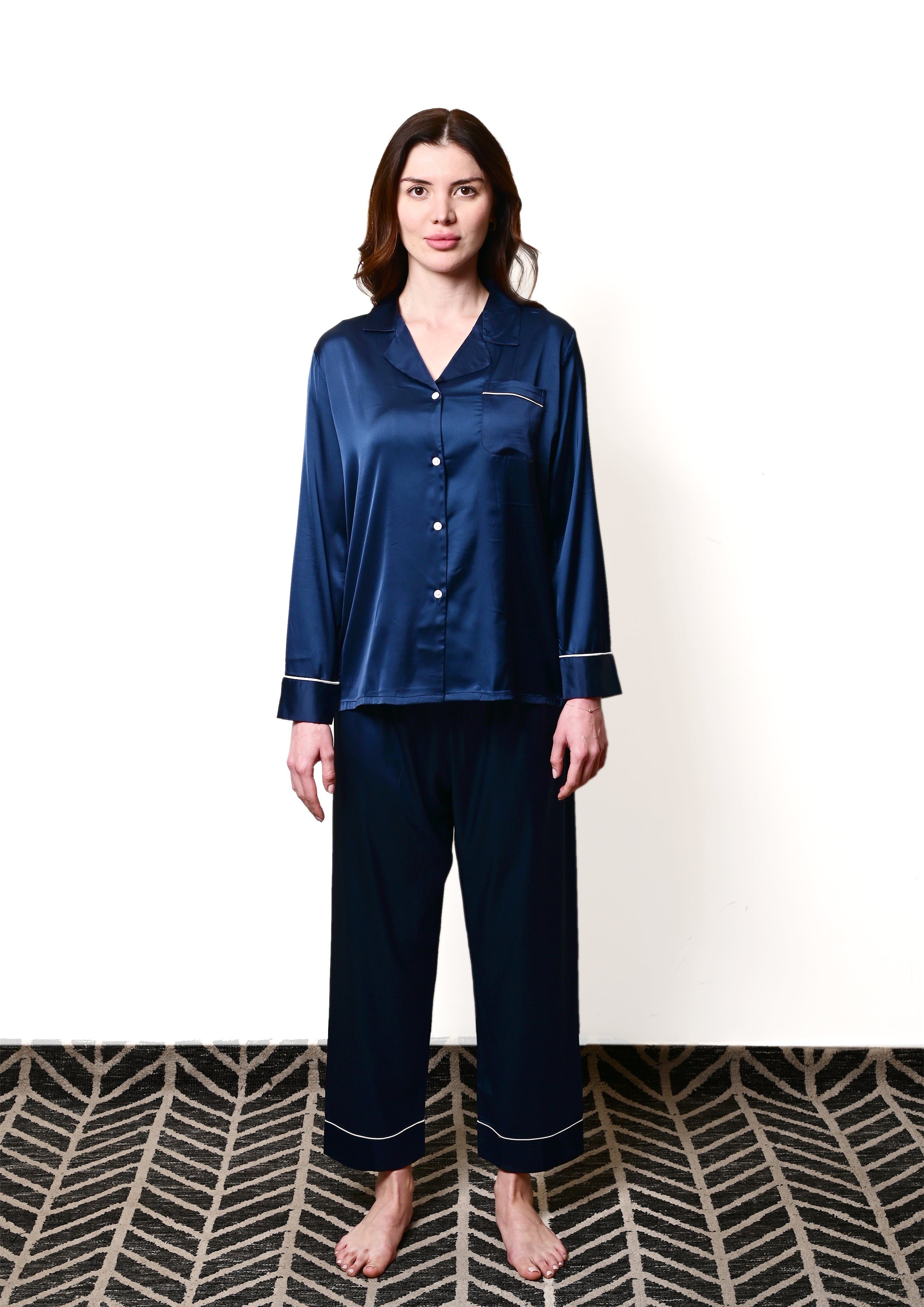 Navy Satin Full Sleeve Shirt & Pyjama Set