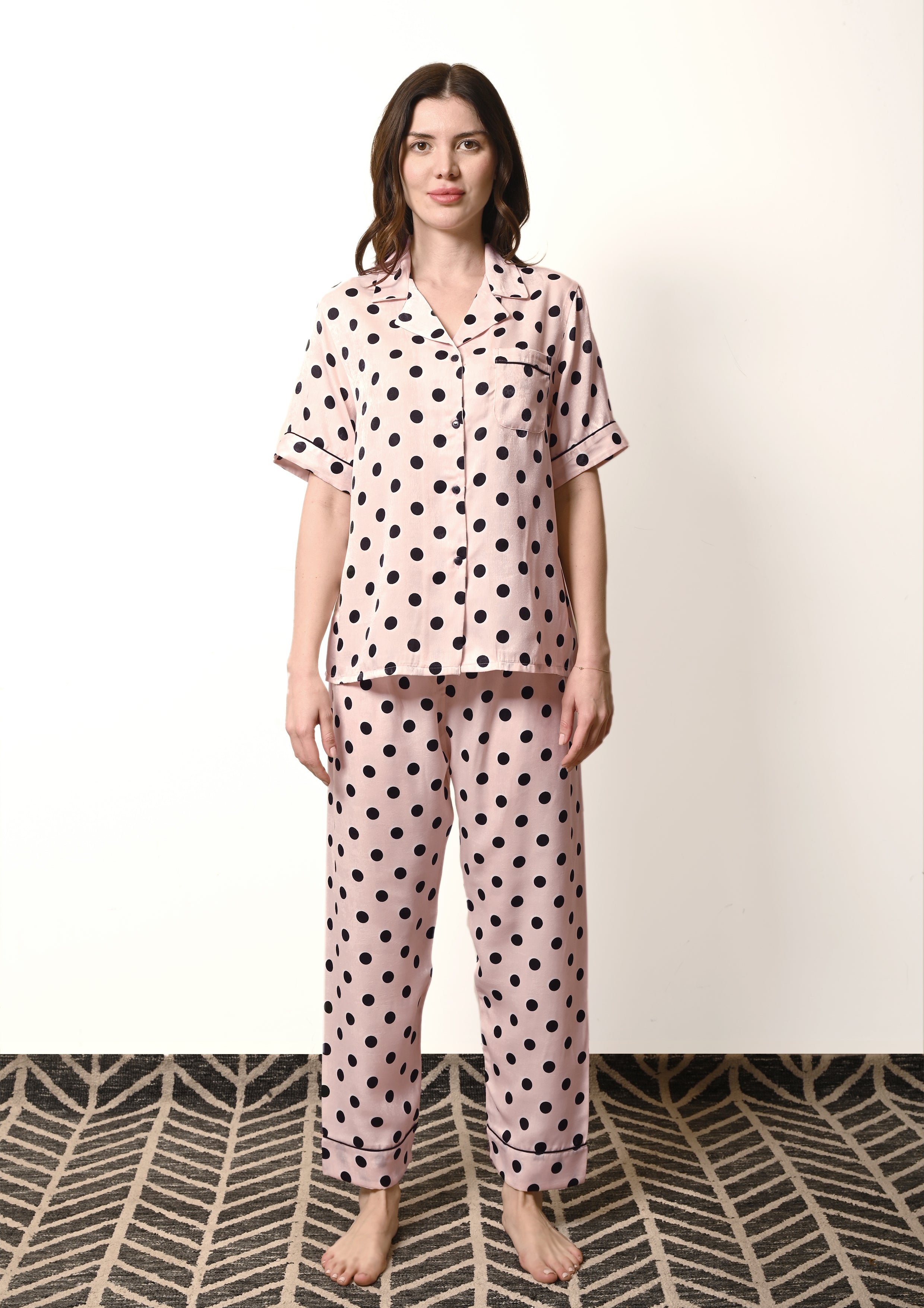 Women's Blush Pink Polka Dot Satin, Half Sleeves Shirt & Pyjama Night Set