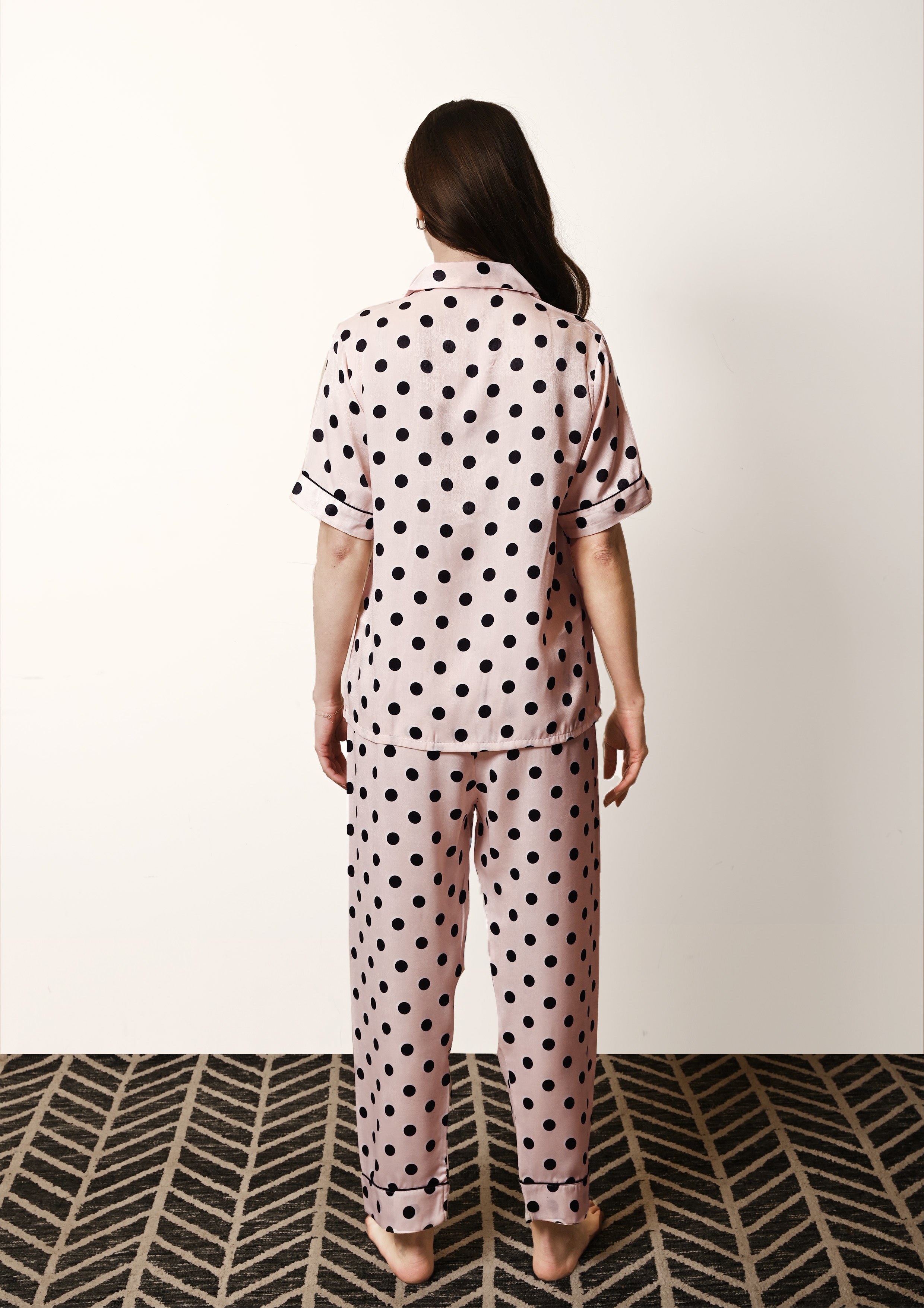 Women's Blush Pink Polka Dot Satin, Half Sleeves Shirt & Pyjama Night Set