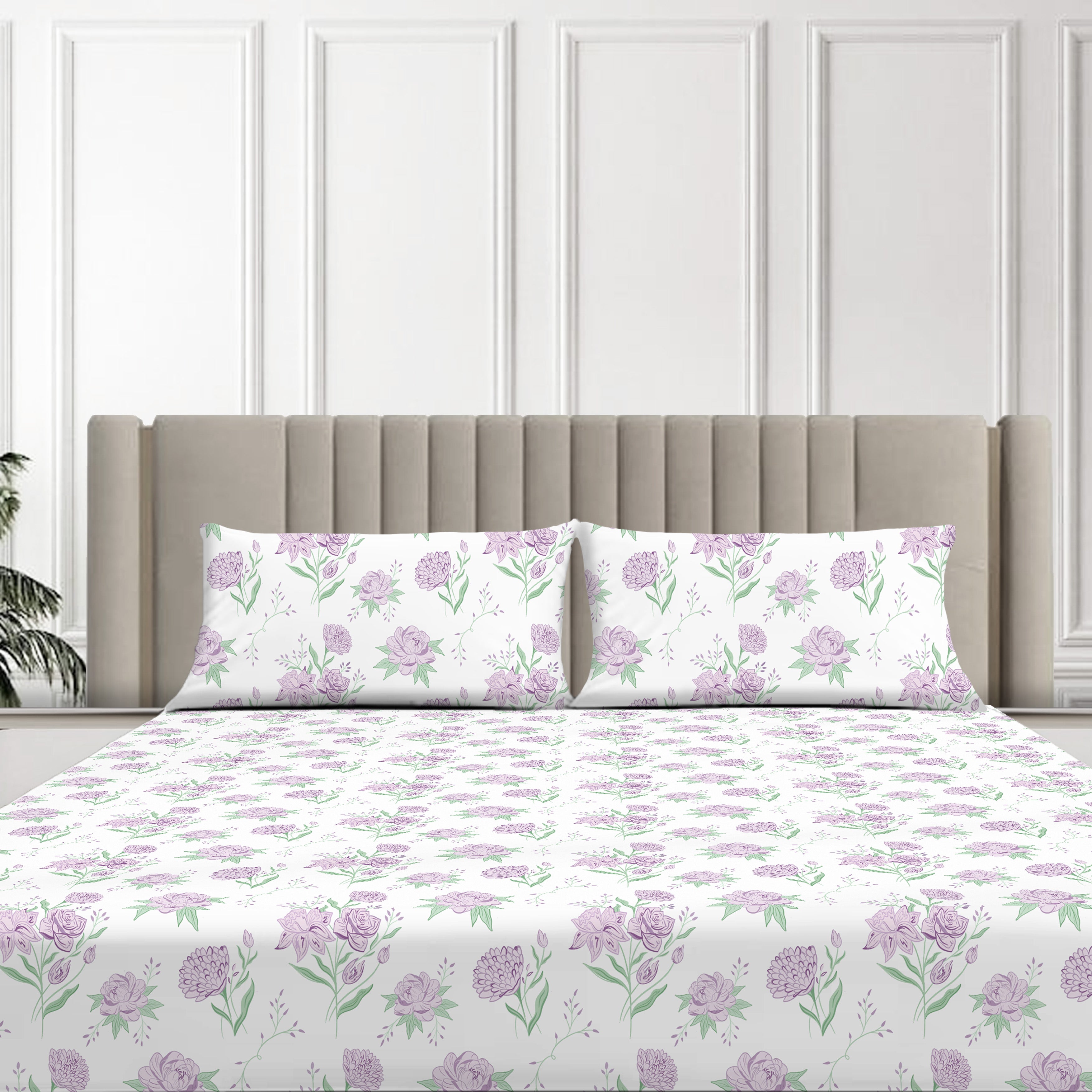 Lavender Primerose, 100% Cotton Double Bedsheet, 180 TC with 2 Pillow Cover