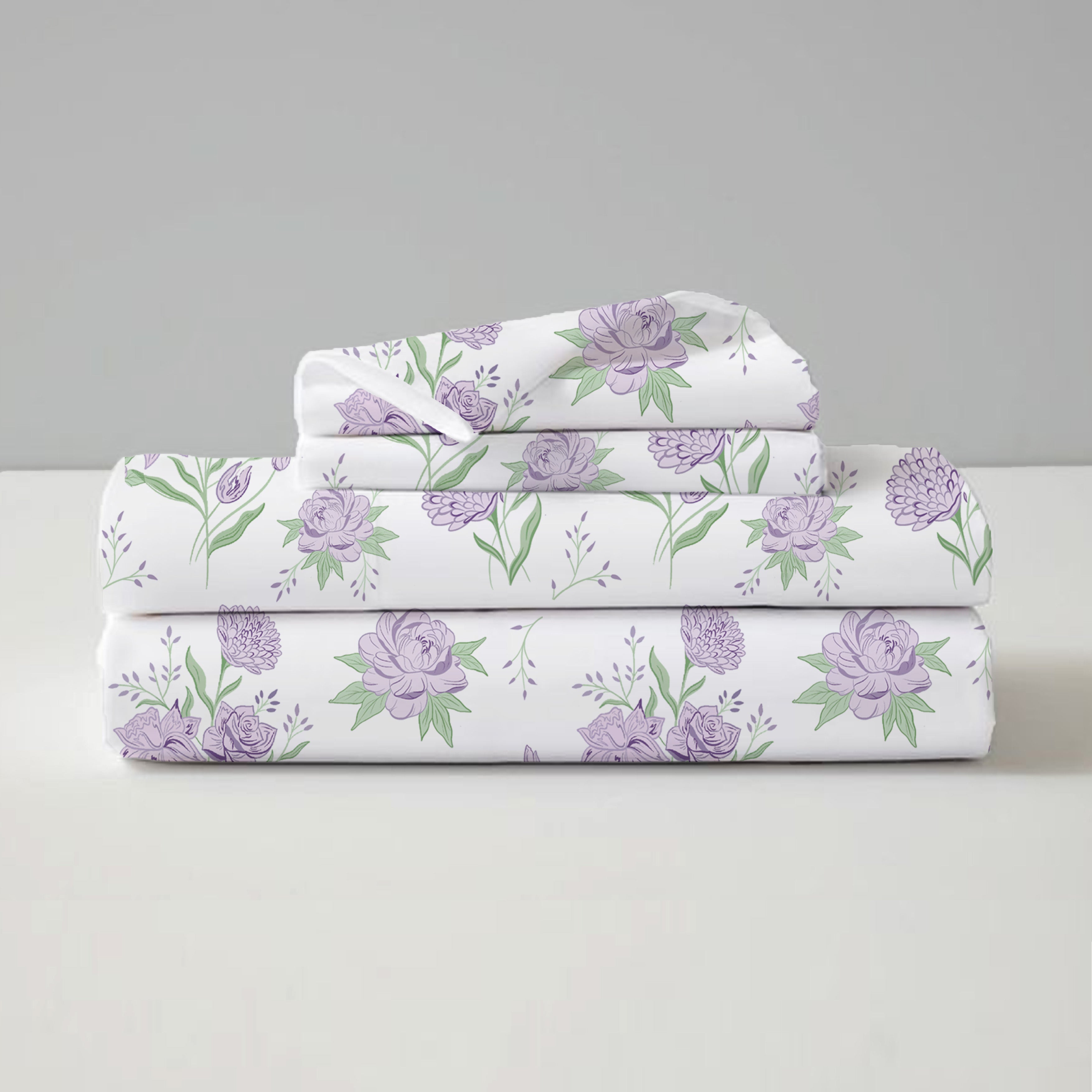 Lavender Primerose, 100% Cotton Double Bedsheet, 180 TC with 2 Pillow Cover